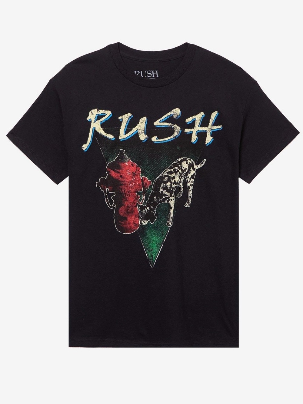 Hot Topic Black RUSH Graphic Tee with Red, Blue and Green Print Unisex